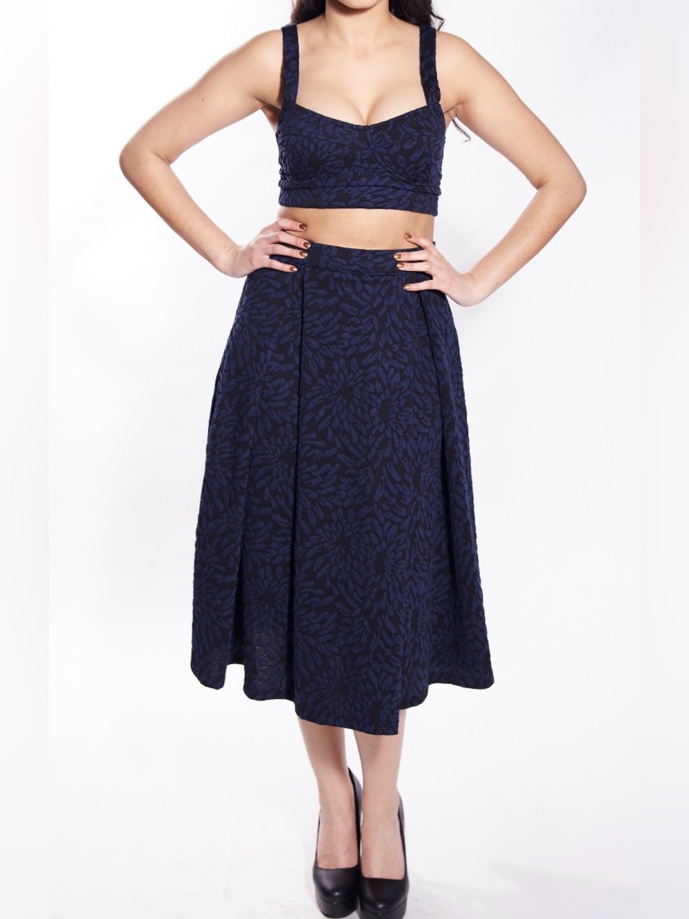 Demerara Navy Black Two Piece Set Bra Top Midi A Line Skirt Women’s Small